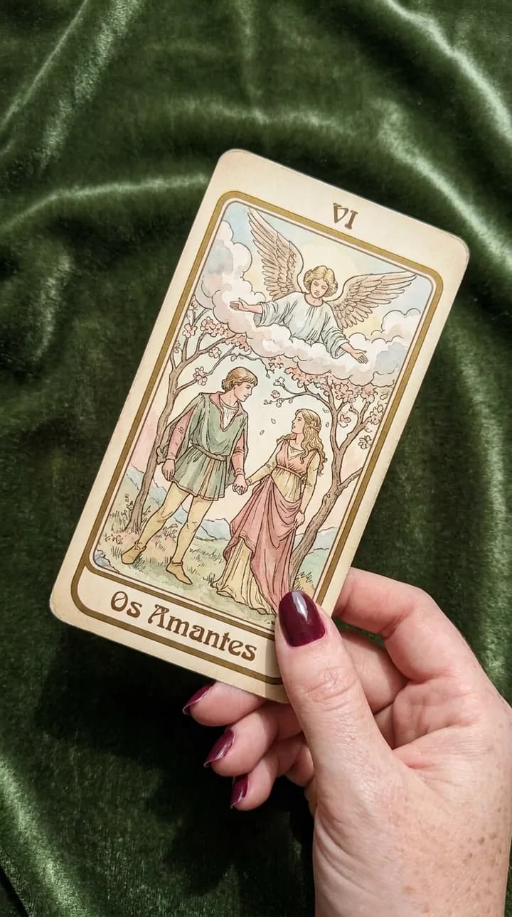 Hand holding The Lovers card, from the watercolor deck, over the green cloth